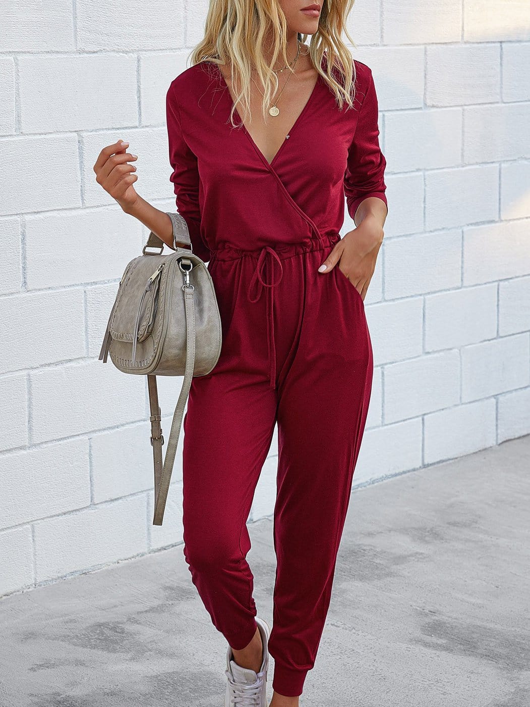 Jumpsuits Deep V-Neck Long Sleeve Slim Fit Jumpsuit for Women