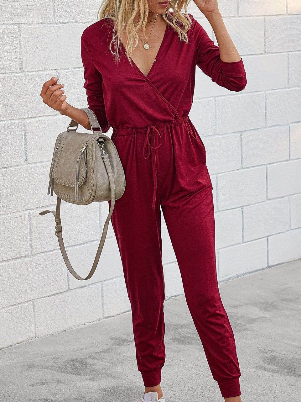 Jumpsuits Deep V-Neck Long Sleeve Slim Fit Jumpsuit for Women