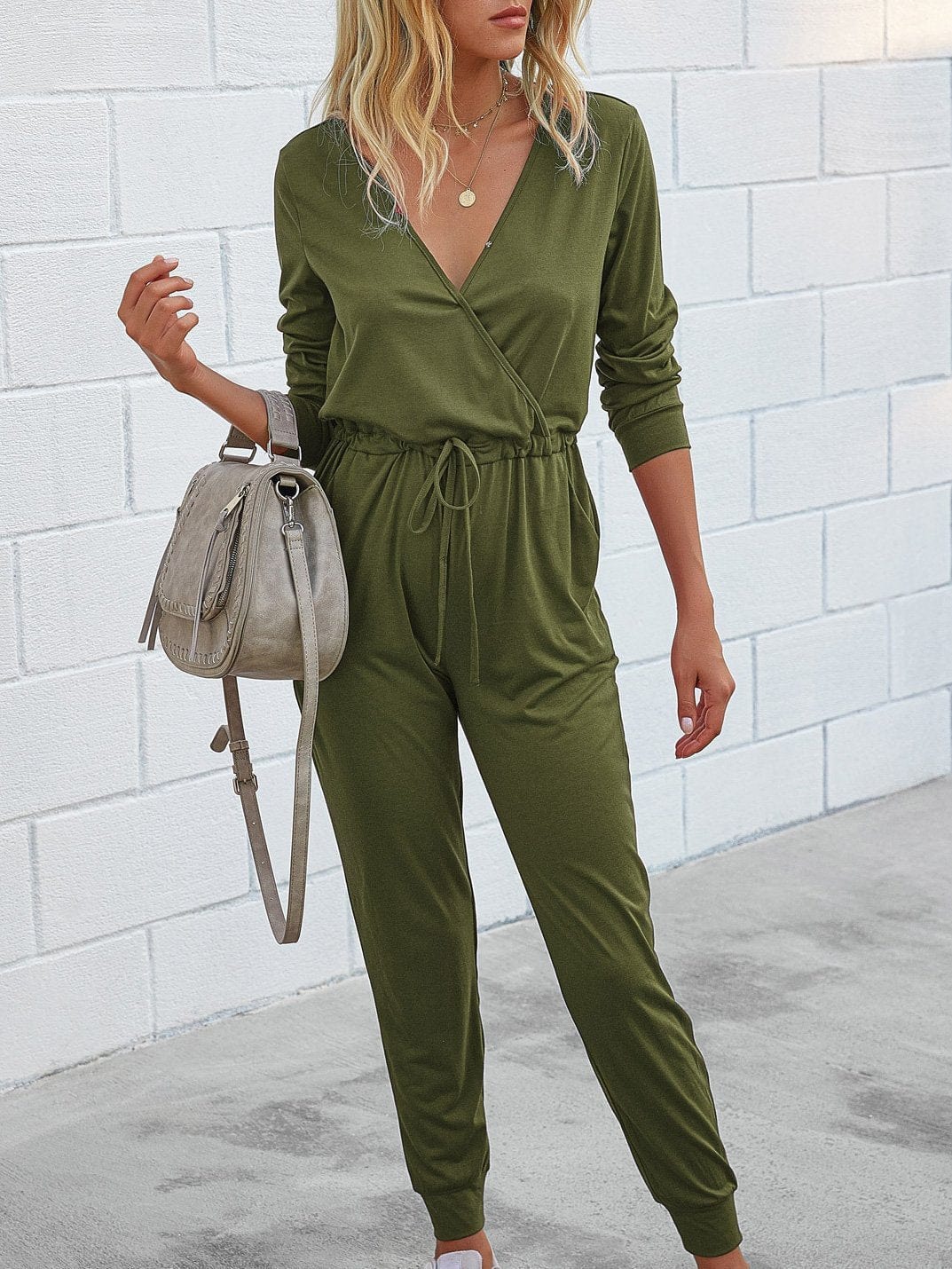 Jumpsuits Deep V-Neck Long Sleeve Slim Fit Jumpsuit for Women