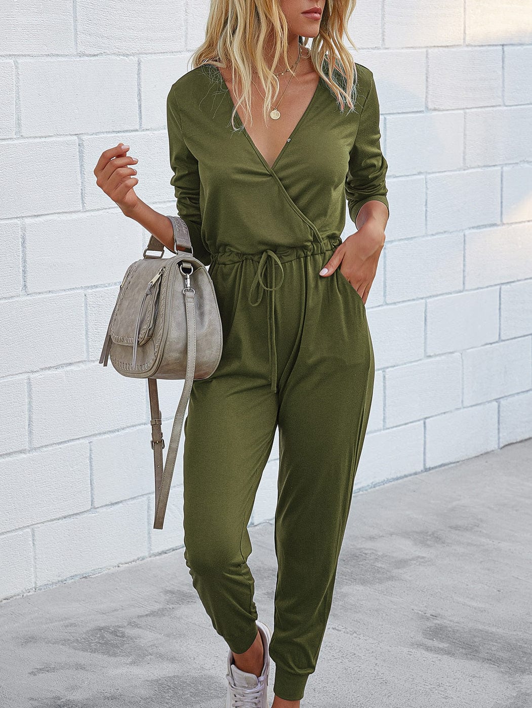 Jumpsuits Deep V-Neck Long Sleeve Slim Fit Jumpsuit for Women