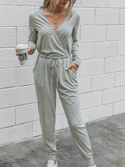 Jumpsuits Deep V-Neck Long Sleeve Slim Fit Jumpsuit for Women JUM2109021302LGRAS Light_Gray / S