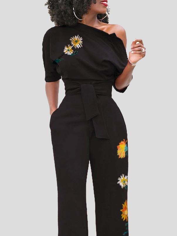 Jumpsuits Flower Print One Shoulder Belted Jumpsuit for Women