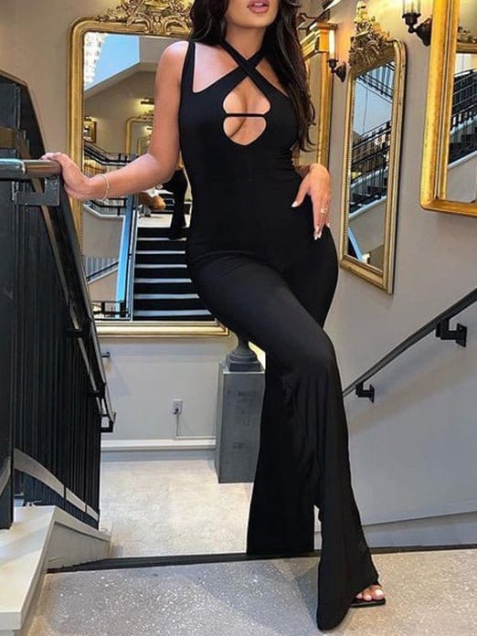 Jumpsuits Halter Neck Sleeveless Hollow Slim Jumpsuit for Women JUM2202101419BLAS Black / S