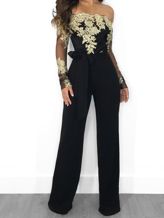 Jumpsuits Lace Boat Neck Long Sleeve Wide Leg Jumpsuit for Women