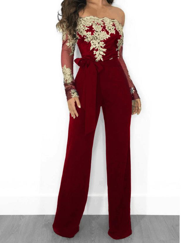 Jumpsuits Lace Boat Neck Long Sleeve Wide Leg Jumpsuit for Women