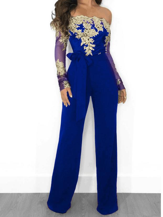 Jumpsuits Lace Boat Neck Long Sleeve Wide Leg Jumpsuit for Women