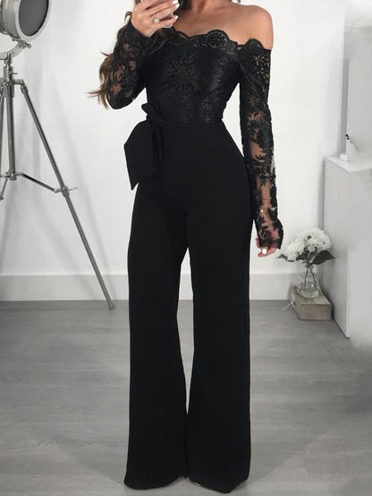 Jumpsuits Lace Boat Neck Long Sleeve Wide Leg Jumpsuit for Women