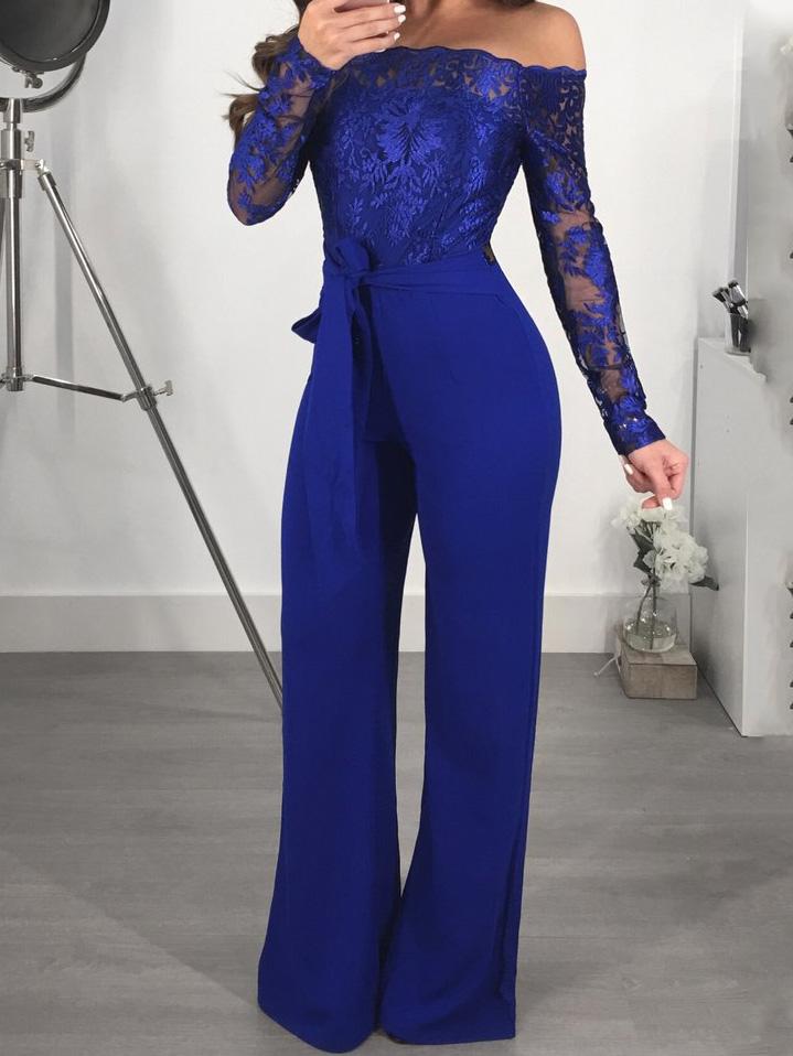 Jumpsuits Lace Boat Neck Long Sleeve Wide Leg Jumpsuit for Women