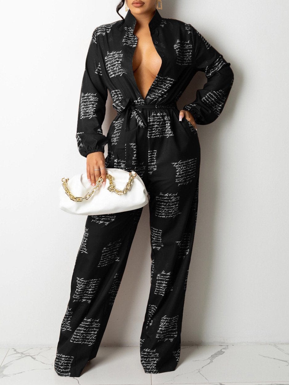 Jumpsuits Letter Print Long Sleeve Shirt Jumpsuit With Belt for Women