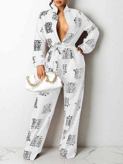 Jumpsuits Letter Print Long Sleeve Shirt Jumpsuit With Belt for Women