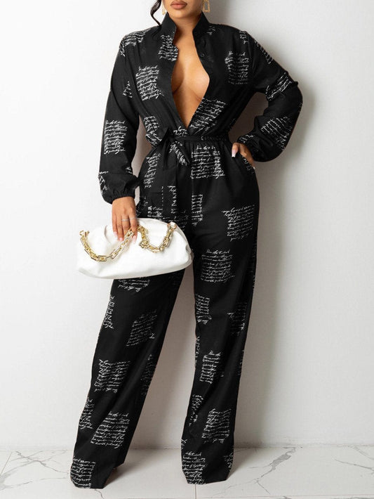 Jumpsuits Letter Print Long Sleeve Shirt Jumpsuit With Belt for Women JUM2109171309BLAS Black / S