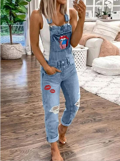 Jumpsuits Lip Print Hole Pockets Washed Denim Jumpsuit for Women