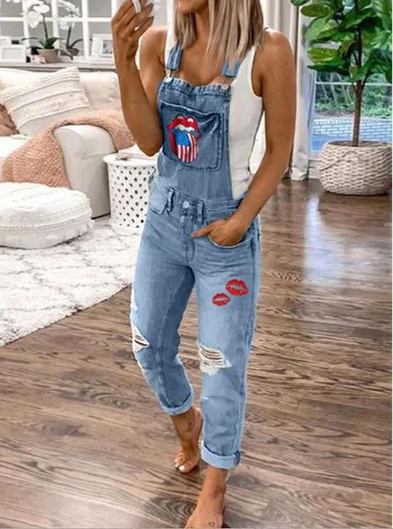 Jumpsuits Lip Print Hole Pockets Washed Denim Jumpsuit for Women