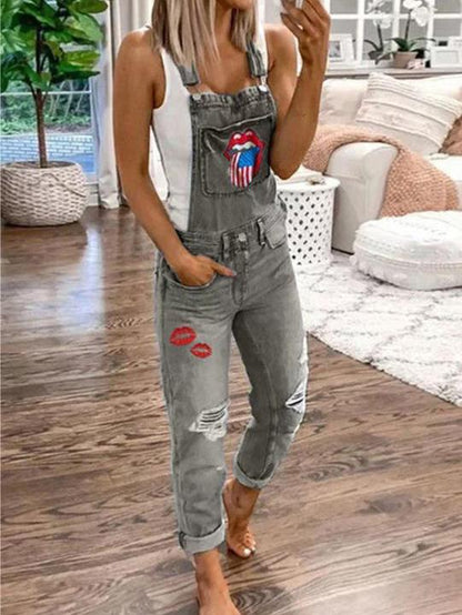 Jumpsuits Lip Print Hole Pockets Washed Denim Jumpsuit for Women