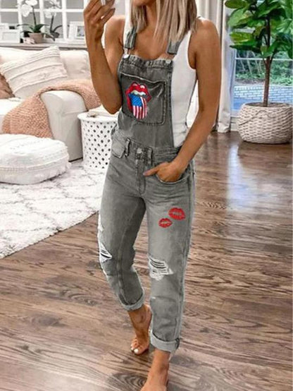 Jumpsuits Lip Print Hole Pockets Washed Denim Jumpsuit for Women