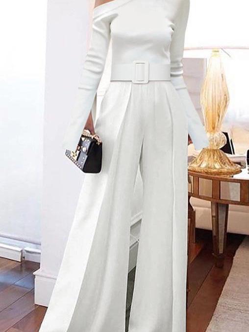 Jumpsuits Long Sleeve One-Shoulder Lace-Up Wide Leg Jumpsuit for Women