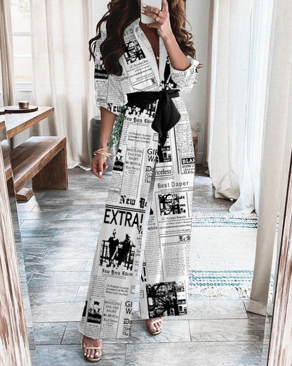 Jumpsuits Newspaper Print Long Sleeve Belt Temperament Jumpsuit for Women