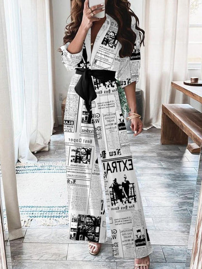 Jumpsuits Newspaper Print Long Sleeve Belt Temperament Jumpsuit for Women