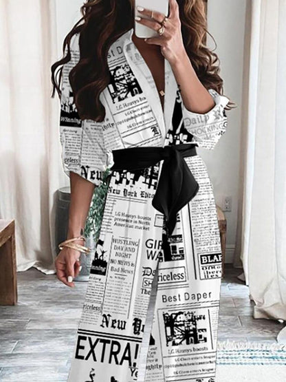 Jumpsuits Newspaper Print Long Sleeve Belt Temperament Jumpsuit for Women