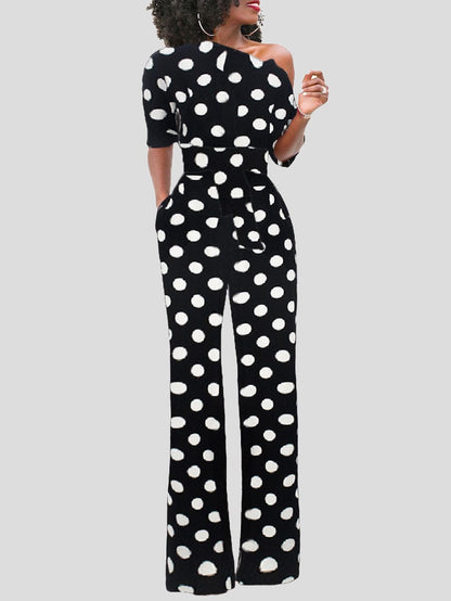 Jumpsuits Polka Dot Print One Shoulder Belted Jumpsuit for Women