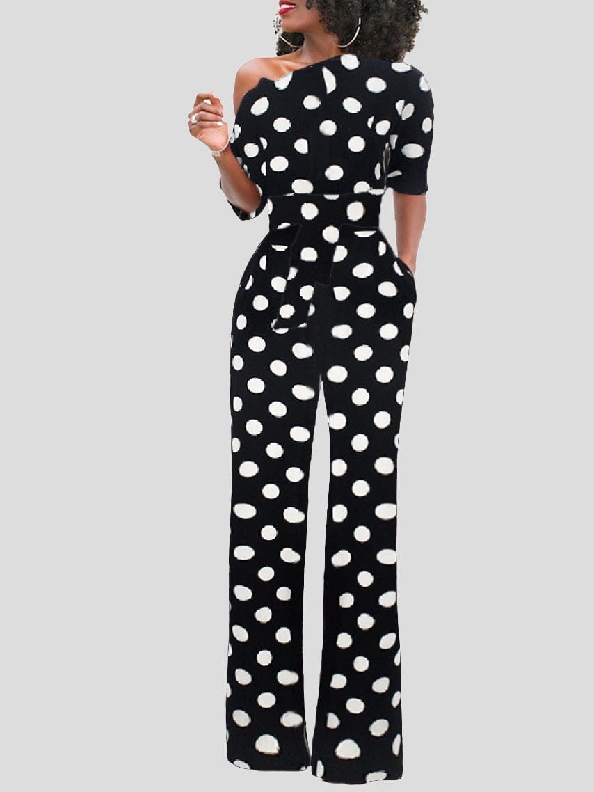 Jumpsuits Polka Dot Print One Shoulder Belted Jumpsuit for Women