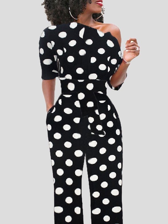 Jumpsuits Polka Dot Print One Shoulder Belted Jumpsuit for Women