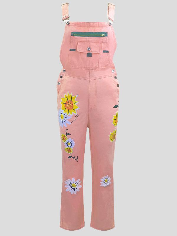 Jumpsuits Printed Pattern Pockets Denim Jumpsuit for Women