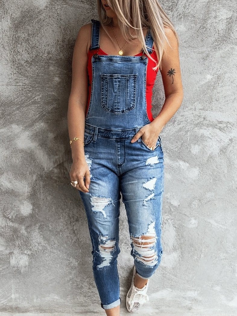 Jumpsuits Retro Ripped Elastic Denim Suspenders Jumpsuit for Women