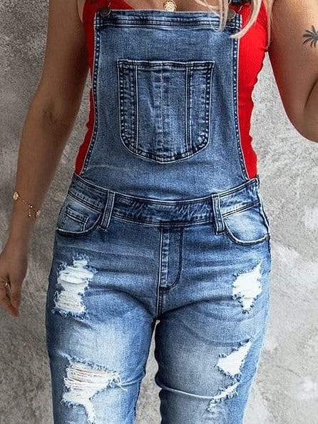 Jumpsuits Retro Ripped Elastic Denim Suspenders Jumpsuit for Women