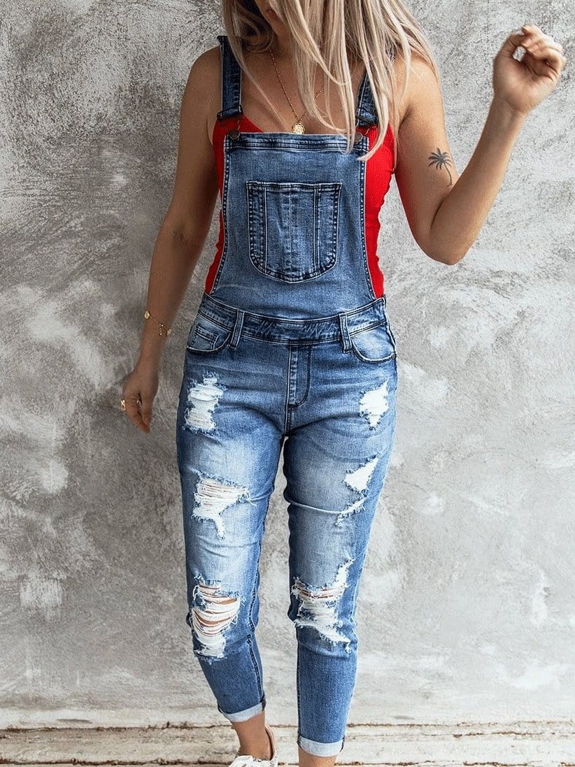 Jumpsuits Retro Ripped Elastic Denim Suspenders Jumpsuit for Women