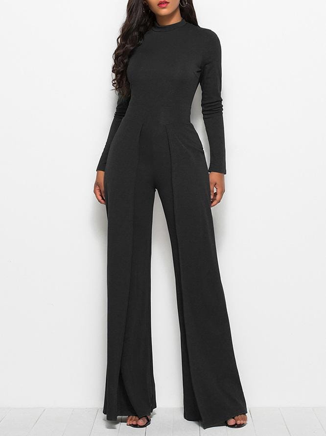 Jumpsuits Round Neck Long Sleeve Wide-Leg Jumpsuit for Women JUM2112151344BLAM Black / M