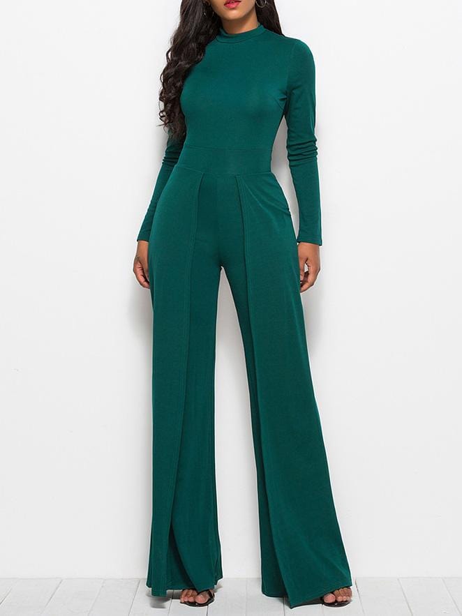 Jumpsuits Round Neck Long Sleeve Wide-Leg Jumpsuit for Women JUM2112151344BGREM Dark_Green / M