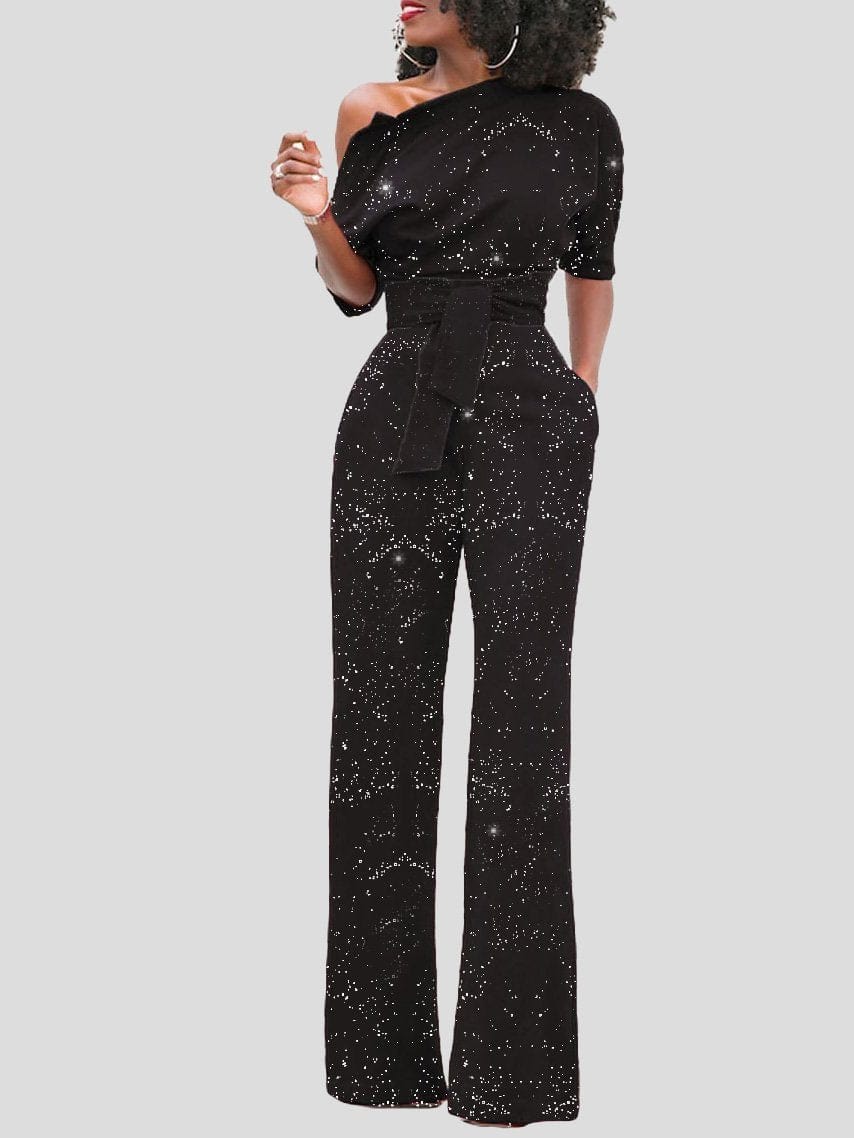 Jumpsuits Shiny Print One Shoulder Belted Jumpsuit for Women