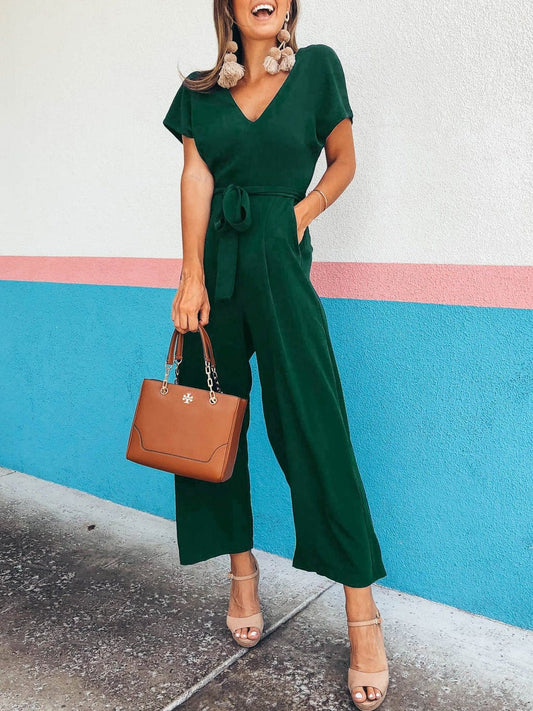 Jumpsuits Short Sleeve V-Neck Belted Pocket Jumpsuit for Women JUM2202101421GRES Green / S