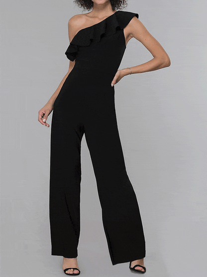 Jumpsuits Sloping Shoulder Solid Ruffle Jumpsuit for Women