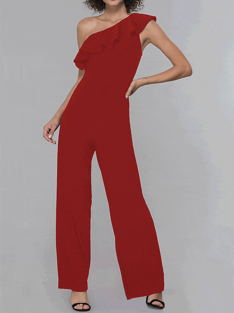 Jumpsuits Sloping Shoulder Solid Ruffle Jumpsuit for Women