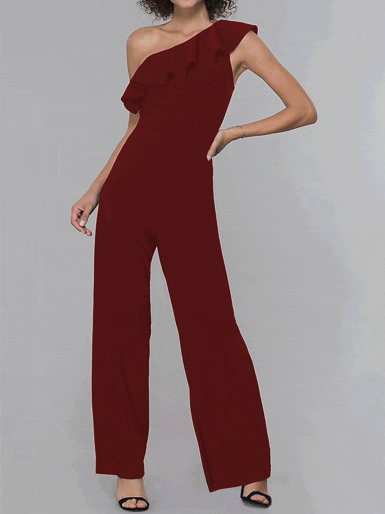 Jumpsuits Sloping Shoulder Solid Ruffle Jumpsuit for Women