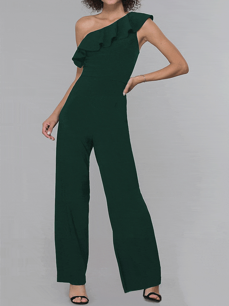 Jumpsuits Sloping Shoulder Solid Ruffle Jumpsuit for Women JUM2201101385GRES Green / S