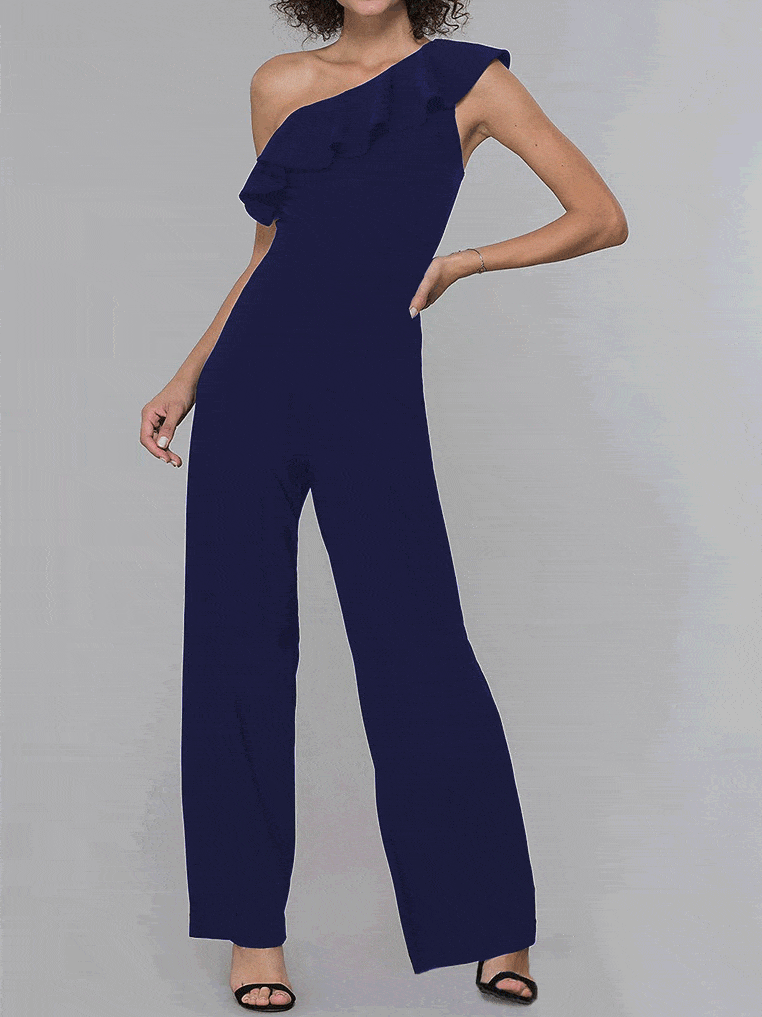 Jumpsuits Sloping Shoulder Solid Ruffle Jumpsuit for Women JUM2201101385TBLUS Navy_Blue / S