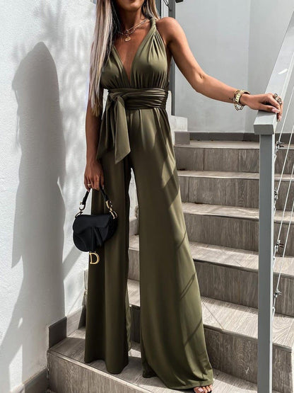 Jumpsuits Solid Deep V-Neck Sleeveless Belted Jumpsuit for Women