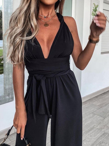 Jumpsuits Solid Deep V-Neck Sleeveless Belted Jumpsuit for Women