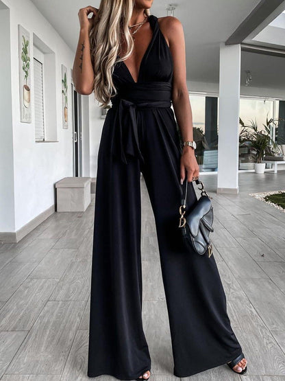 Jumpsuits Solid Deep V-Neck Sleeveless Belted Jumpsuit for Women JUM2201051373BLAS Black / S