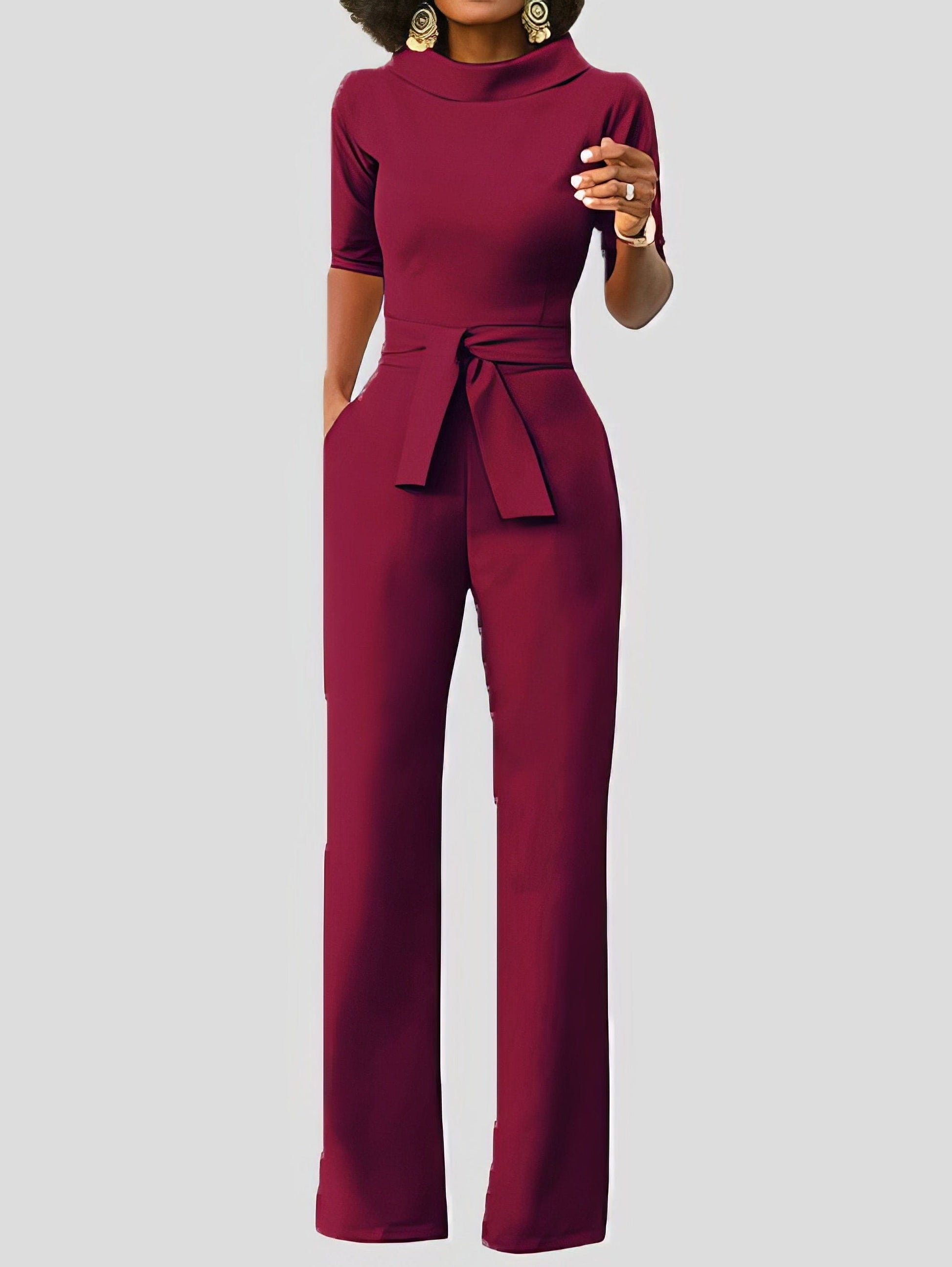 MsDressly Jumpsuits Solid Five-Point Sleeve Belted Wide-Leg Jumpsuit