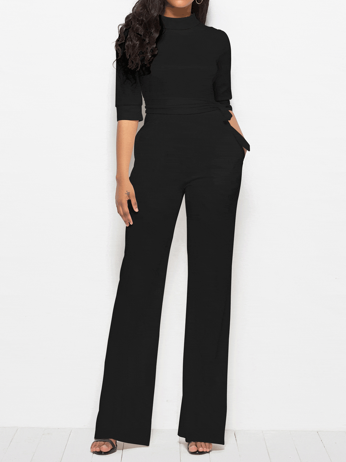 Jumpsuits Solid Half Sleeve Stand Collar Wide Leg Jumpsuit for Women