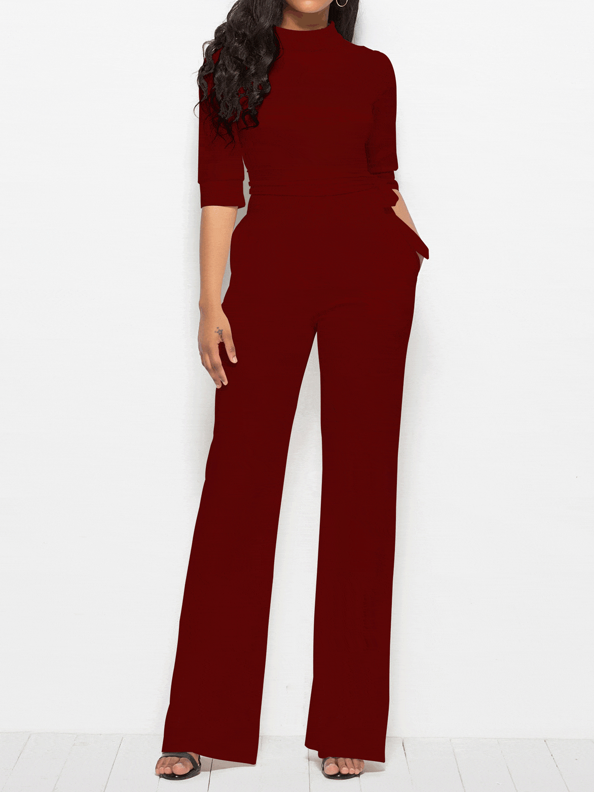 Jumpsuits Solid Half Sleeve Stand Collar Wide Leg Jumpsuit for Women