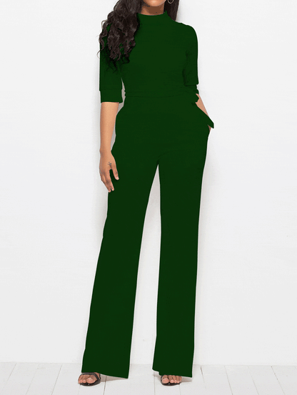 Jumpsuits Solid Half Sleeve Stand Collar Wide Leg Jumpsuit for Women