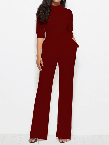 Jumpsuits Solid Half Sleeve Stand Collar Wide Leg Jumpsuit for Women JUM2201101381WREDS Wine_Red / S