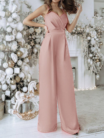 Jumpsuits Solid Sling V-Neck Wide-Leg Jumpsuit for Women