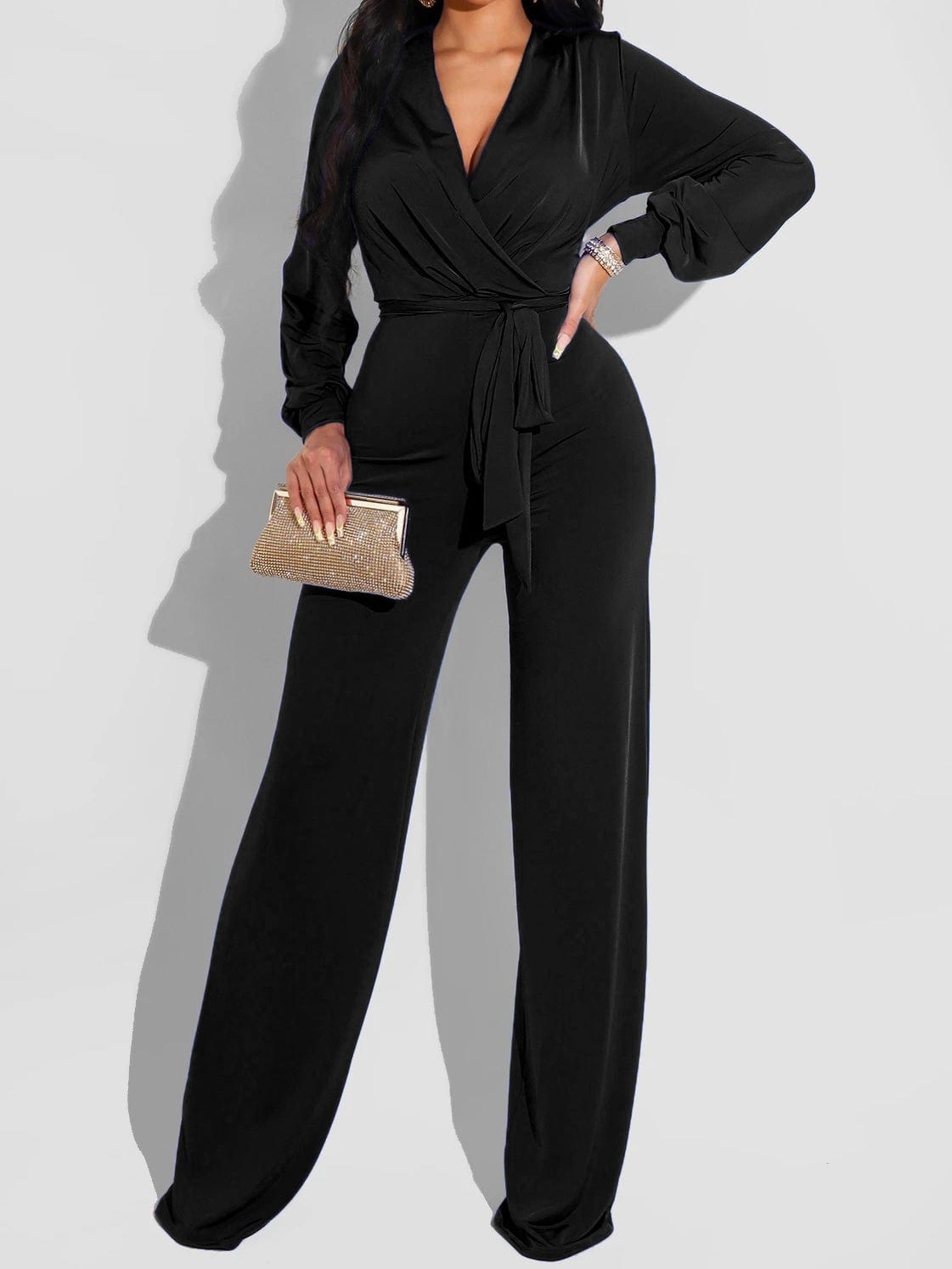 Jumpsuits Solid V-Neck Belted Long Sleeve Jumpsuit for Women