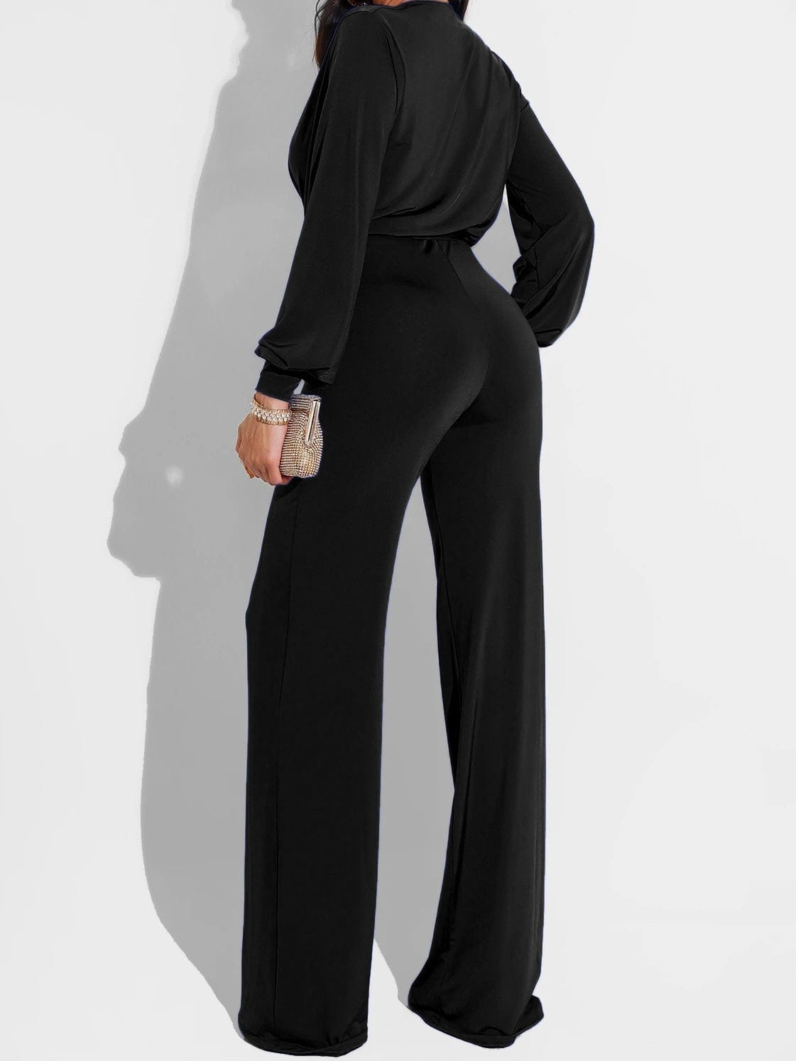 Jumpsuits Solid V-Neck Belted Long Sleeve Jumpsuit for Women